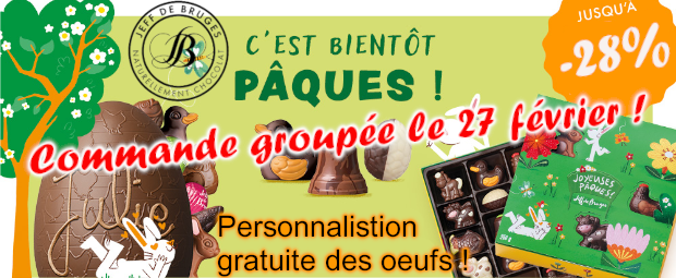 Commande groupée le 27/02/2026 de chocolats de Pâques Jeff de Bruges jusqu'à -28 % ! Commande groupée le 27/02/2026 de chocolats de Pâques Jeff de Bruges jusqu'à -28 % !